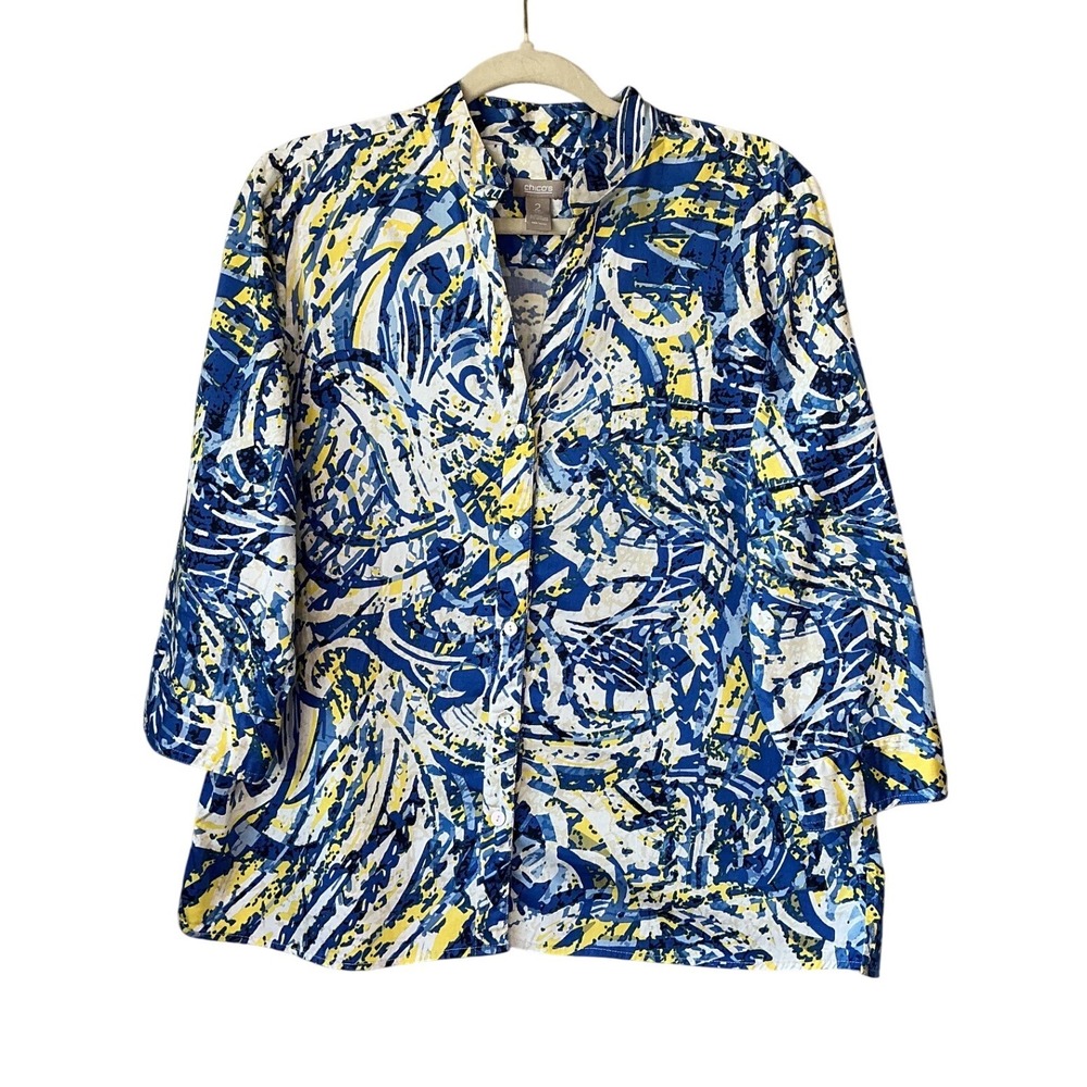 Chicos Blue Yellow Abstract Swirl Print Button Front 3/4 Sleeve Blouse Size 2(L)